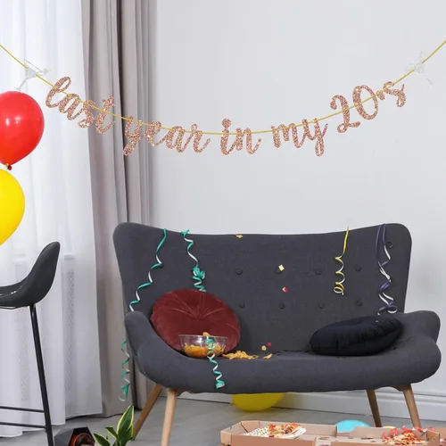 Vista 5 de Cartel de feliz cumpleaños número 29 y 30 años con purpurina de oro rosa con purpurina del año pasado en mis 20, divertida decoración de fiesta