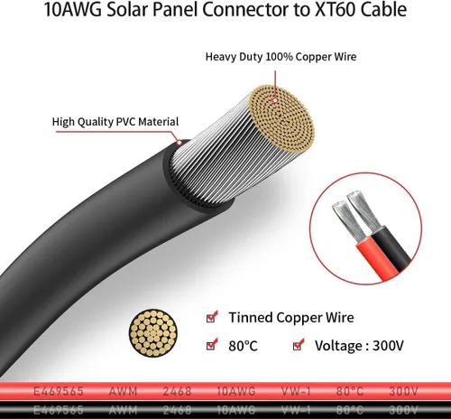 Vista 4 de ELFCULB Cable solar XT60 de 10 AWG 2 pies 2 10 25 35 50 75 100 pies XT60 cable de extensión conector de panel solar a conector XT60 para estación