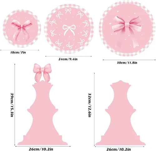 Vista 2 de Soporte redondo de 3 niveles para cupcakes con diseño de lazo rosa, capacidad para 8-12 cupcakes, impermeable y reutilizable, fácil de montar, ideal
