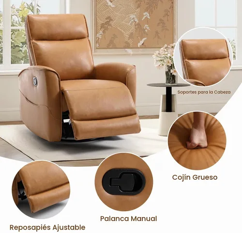 Vista 5 de CANMOV - Silla reclinable de piel sintética, silla reclinable giratoria de 360°, reclinable manual para espacios pequeños, sala de estar Marrón