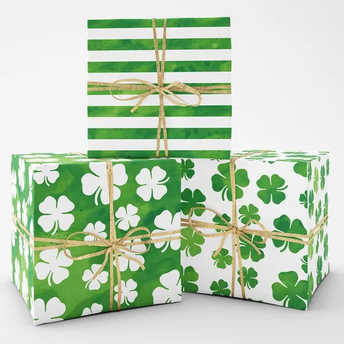 Vista 6 de Whaline 12 hojas de papel de regalo del día de San Patricio, papel de regalo de trébol de acuarela, papel de arte verde a granel, plegado plano