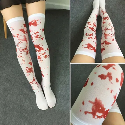 Vista 6 de Dzrige 2 pares de medias de Halloween manchadas de sangre de terror hasta el muslo sangriento para Halloween, mujeres y niñas, festival, disfraz