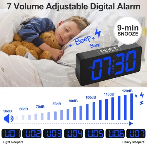 Vista 4 de PPLEE Reloj despertador para dormitorio con luz nocturna y dígitos atrevidos, reloj digital de 7 pulgadas con alarmas dobles y puertos de carga USB