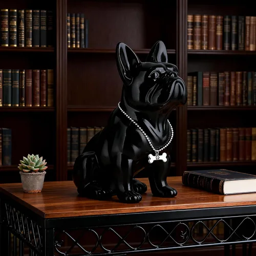 Vista 7 de Estatua negra de bulldog francés, estatua de pug sentado de resina, escultura de bulldog inglés para decoración del hogar, decoración de escritorio