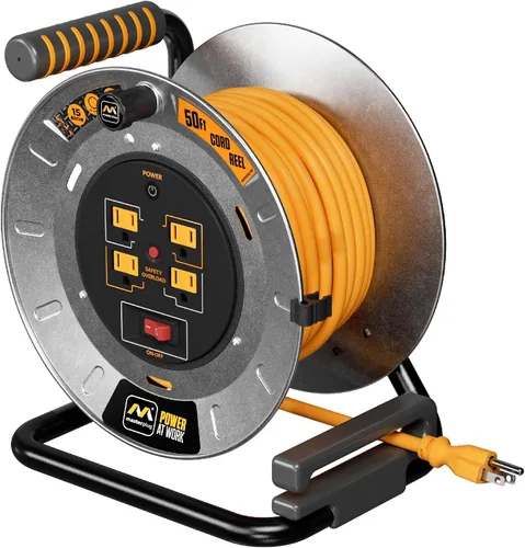 Vista 7 de Masterplug Carrete de cable de 1 pie, tambor de cable de metal, cable de extensión retráctil con mango de bobinado, disyuntor de sobrecarga