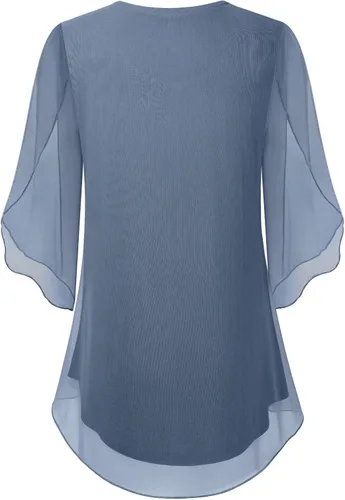 Vista 3 de SeSe Code Blusas con mangas 34 y volantes de malla para mujer, tops holgados y elásticos
