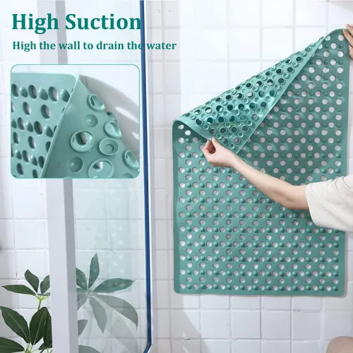 Vista 6 de Tapete de ducha antideslizante de 40 x 16 pulgadas, diseño de agujero de burbuja de aire grande, sin acumulación de agua para bañera y baño (verde)