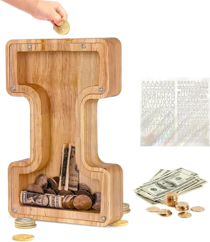 Vista 10 de Alcancía de Madera Personalizada con Letras del Alfabeto, Banco de Monedas con Letras del Alfabeto para Niños, Niñas y Bebés, Tamaño Grande, 26