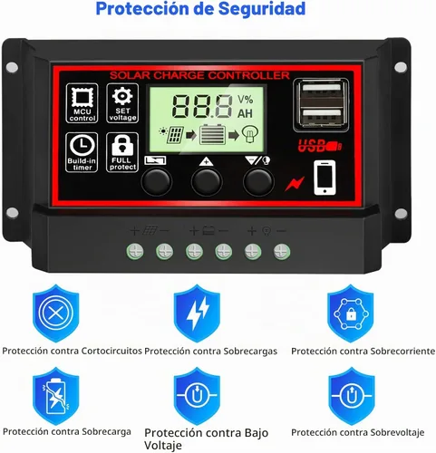 Vista 6 de Controlador de carga solar de 30A [Actualizado], regulador inteligente de batería de panel solar negro con puerto USB dual 12V/24V PWM, parámetro