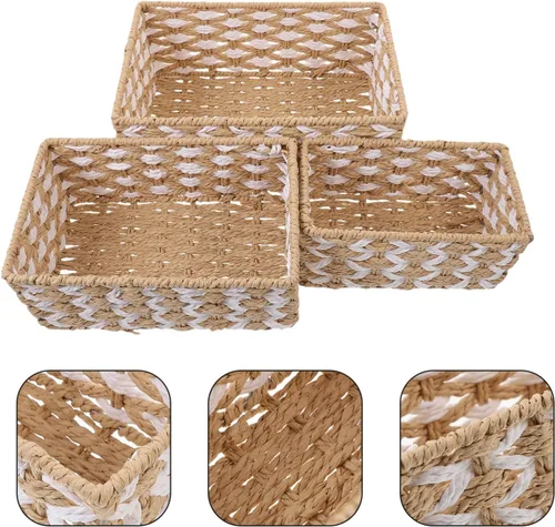 Vista 8 de Alipis 3 cestas de almacenamiento tejidas con cuerda, hechas a mano, apilables, organizador decorativo para encimera, estante, tanque de inodoro