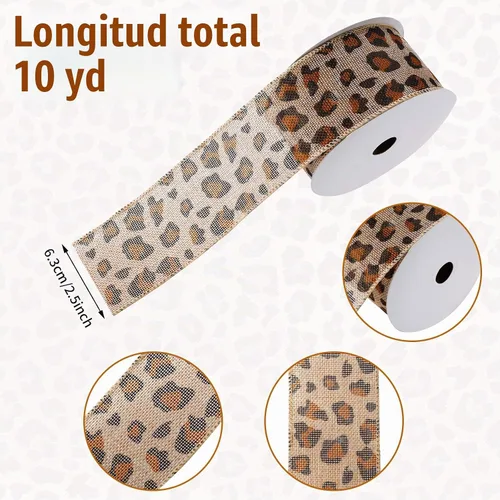 Vista 2 de WILLBOND Cinta estampada de guepardo de 10 yardas x 2.5 pulgadas, cinta de arpillera de leopardo de Navidad, tela de arpillera natural