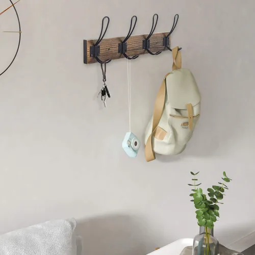 Vista 5 de Gancho rústico de pared con 4 ganchos estilo granja - Perchero de madera de pino maciza para toallas y abrigos para baño, entrada, cocina - Marrón