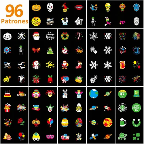 Vista 2 de Proyector de luces de Navidad para exteriores, 8 modos de imágenes, proyector de luces de Navidad con 96 dibujos animados, proyector de vacaciones