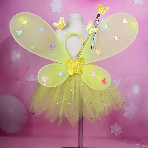 Vista 5 de 4Pcs Girls Fairy Halloween Costume, Light Up Layered Tulle Tutu Skirt + Fairy Wings & Hair Hoop + Wands
