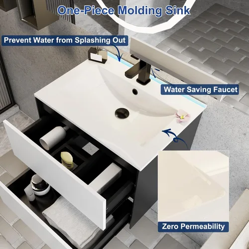 Vista 6 de eclife Armario de tocador de baño de 24 pulgadas con fregadero blanco empotrado, armario de baño flotante montado en la pared con colores mezclados