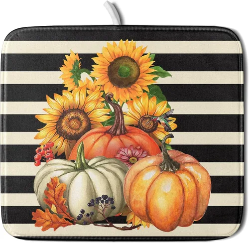 Vista 39 de Tapete de Secado de Platos de Florero de Girasoles Otoñales para Encimera de Cocina, Tapete de Secado de Hojas de Arce y Calabaza Otoñal de 16 x 18