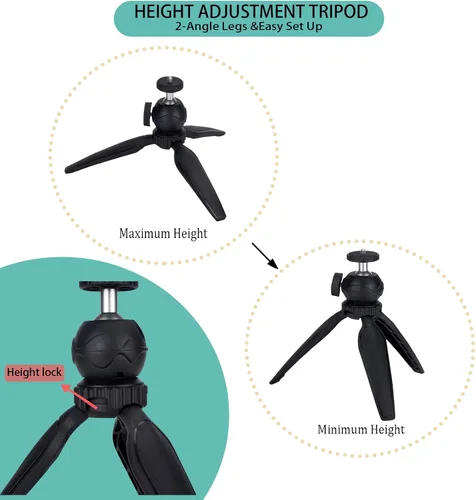 Vista 4 de Mini trípode para cámara con soporte para teléfono y soporte GoPro, cabezal de bola 360, negro, compatible con DSLR, GoPro, Smartphone, Webcam