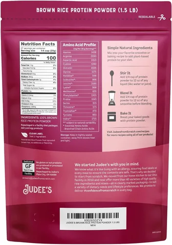Vista 2 de Judee's Gluten Free Proteína de arroz integral en polvo, proteína vegana a base de plantas, reemplazo de comidas sin gluten, 1.5 libras, sin sabor