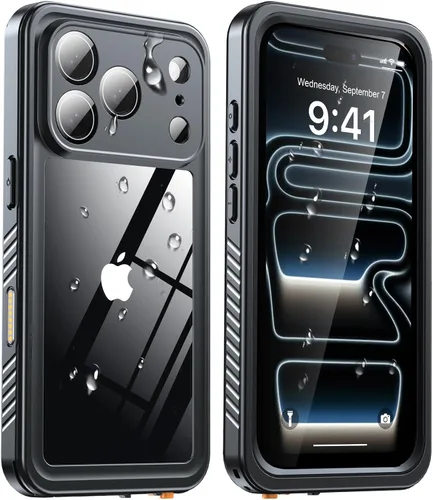 Vista 22 de ANTSHARE Funda impermeable IP68 para iPhone 16, negro/transparente Lente incorporada/protector de pantalla, protección militar contra caídas, funda