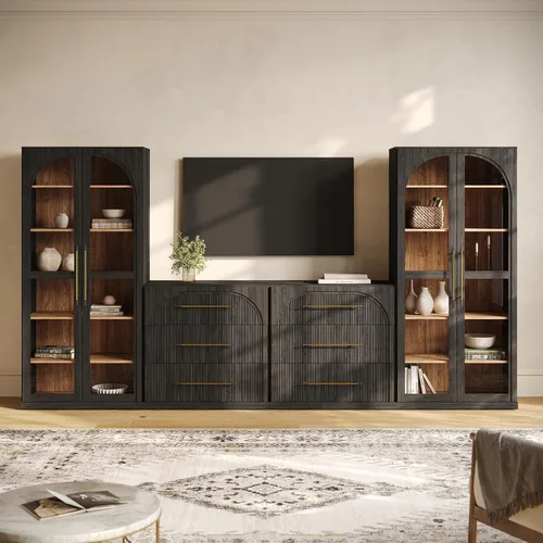 Vista 48 de BELLEZE Centro de entretenimiento modular de 4 piezas con almacenamiento, 2 vitrinas de madera moderna con gabinete arqueado y 2 armarios de puerta