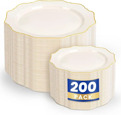 Vista 13 de WDF 100 piezas de platos de plástico azul - Platos desechables azul claro - Platos de plástico con borde festoneado resistente