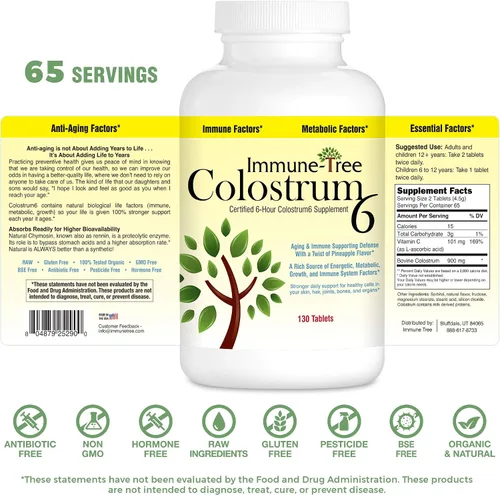 Vista 2 de Immune Tree Colostrum6, calostro certificado de 6 horas, sabor a piña, 130 pastillas