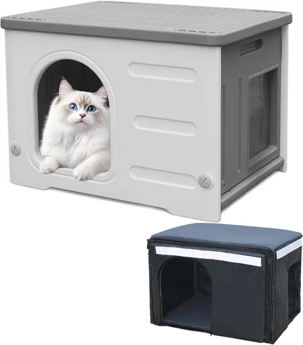 Vista 9 de Casa impermeable del gato para los gatos al aire libre, casa plástica del gato feral con escape con puerta de escape y alfombra suave, refugio