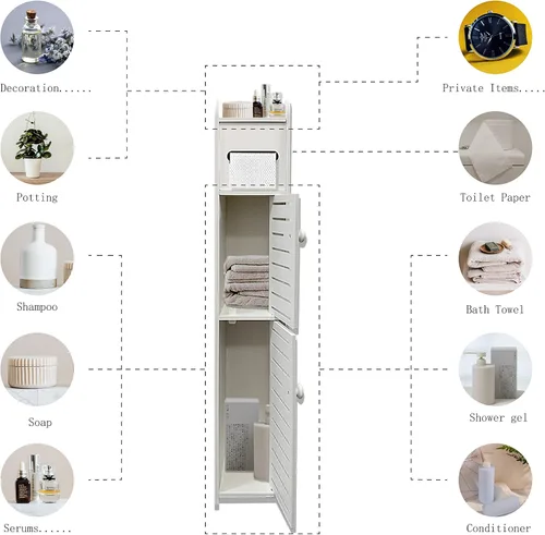 Vista 4 de Armario de almacenamiento pequeño para baño, organizador de papel higiénico delgado con 2 puertas y estantes, armario de almacenamiento sobre
