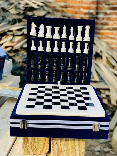 Vista 5 de NB - Juego de ajedrez de mármol hecho a mano de 12 pulgadas con caja de regalo de terciopelo azul, elegante tablero de ajedrez de piedra con juego