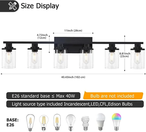 Vista 3 de 6 Luces de Tocador de Baño de Negro Mate con Vidrio Transparente y Base de Metal, Luces de Tocador Negras para Baño Sobre Espejo
