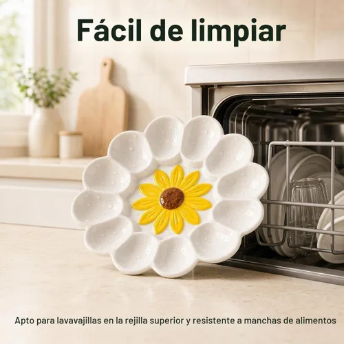 Vista 7 de Bandeja de huevo Deviled de girasol de cerámica - Plato de huevo blanco para fiesta