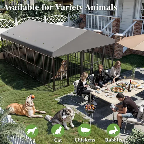 Vista 2 de Perrera grande para perros exterior de 10 x 14 pies, jaula resistente con puerta de alimentación, corrida de perro al aire libre con techo