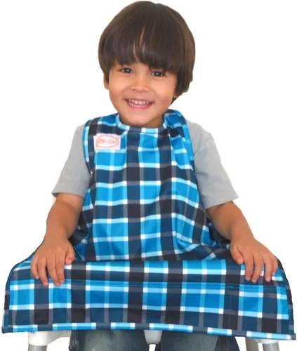 Vista 2 de BIB-ON, Combinación de babero y delantal de cobertura completa para bebés, bebés y niños pequeños de 0 a 4 años. Cuadros azules