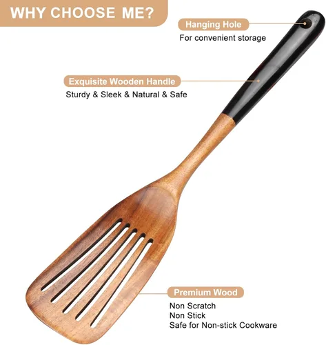 Vista 3 de 2 piezas de juego de espátulas de madera para cocinar Utensilios de cocina de teca no tóxicos sin BPA, espátula ranurada para panqueques, espátula 2