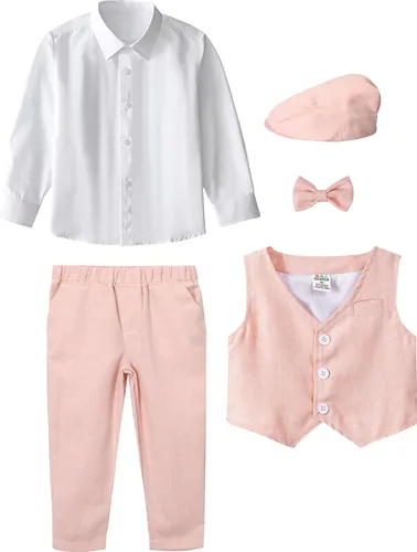Vista 3 de A&J DESIGN Traje para bebé y niño pequeño, de 12 meses a 5 años, camisa y pantalones, chaleco, pajarita y gorra de conductor de 5 piezas