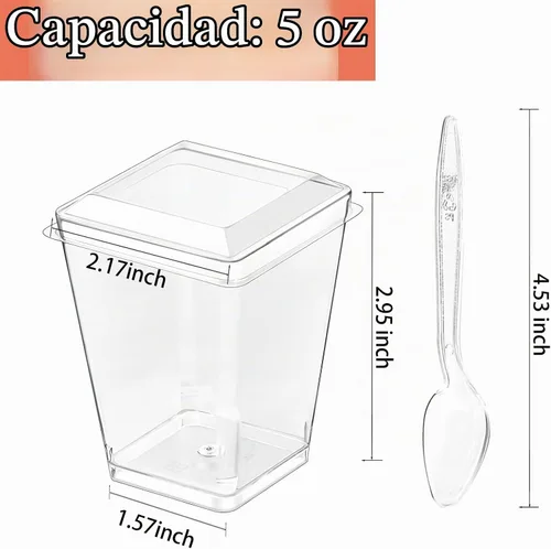 Vista 3 de Hiasobre Paquete de 100 vasos de plástico de 5 onzas para postre con tapas y cucharas, tazas reutilizables de parfait transparente, vasos cuadrados