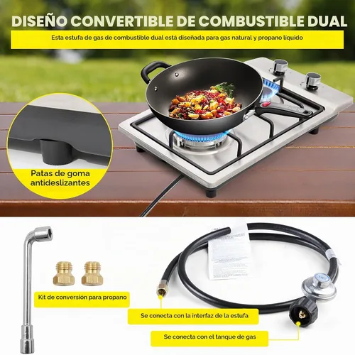 Vista 5 de Cocina de gas de 12 pulgadas, estufa de gas integrada de 2 quemadores de acero inoxidable con kit de conversión de NG/LPG, protección de termopar