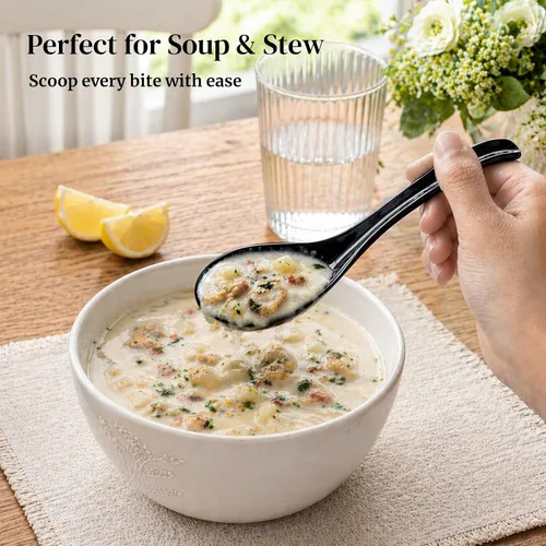 Vista 3 de DOWAN Cucharas de sopa, cucharas de sopa asiáticas de cerámica, cuchara japonesa negra grande para Ramen Pho Wonton Dumpling Miso, diseño de gancho