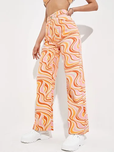 Vista 3 de WDIRARA - Pantalones de mezclilla holgados de tiro alto, con estampado, de pierna ancha, para mujer