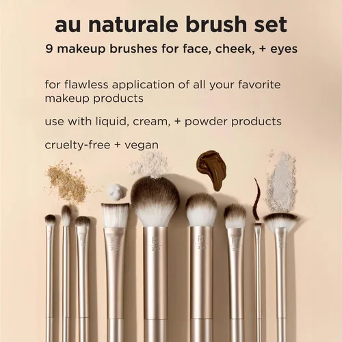 Vista 3 de Real Techniques Juego de 9 brochas de maquillaje Au Naturale para sombra de ojos líquida, crema y polvo, base, rubor, bronceador y contorno
