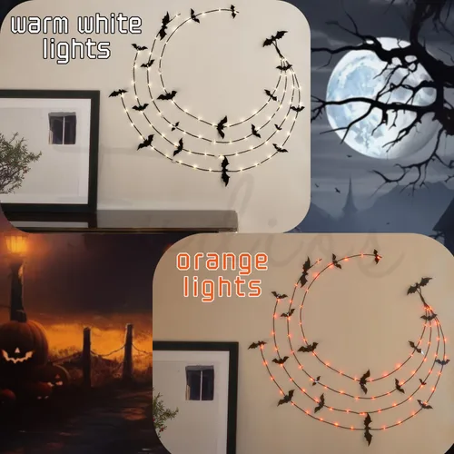 Vista 2 de Fudios Guirnalda de Halloween iluminada para decoración de pared, guirnalda de luces negras con temporizador, naranja o blanco cálido, 80 LED de 6