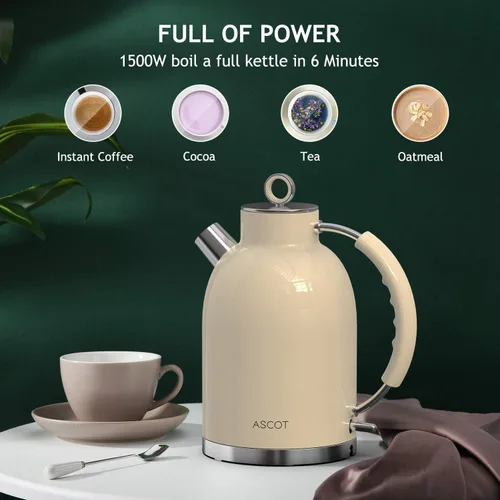 Vista 5 de ASCOT Hervidor eléctrico, de acero inoxidable, hervidor de té eléctrico, regalos para hombres/mujeres/familia, calentador de té retro de 1.5 L 1500