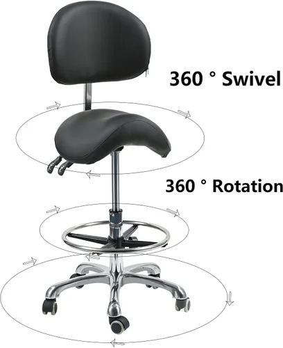 Vista 6 de Silla de montar con soporte de espalda, taburete giratorio ergonómico con ruedas, anillo de pie para higienista dental, técnico de pestañas