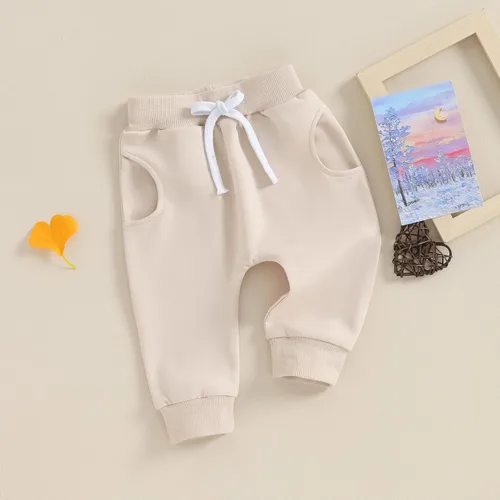 Vista 8 de Mubineo Pantalones deportivos básicos lisos para bebés, niños y niñas, cómodos pantalones de algodón con bolsillos