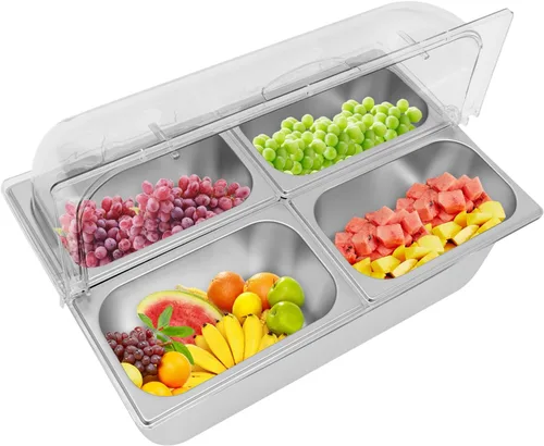 Vista 3 de Recipiente de acero inoxidable para servir alimentos de 4 bandejas con tapa, servidor de condimentos con cucharas, abrazaderas, bolsas de agua