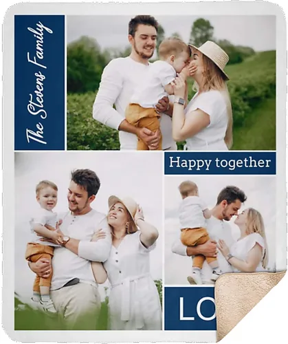 Vista 3 de Manta personalizada con collage de 3 imágenes a todo color. Personalizado de tus fotos y apellido. Manta de forro polar súper suave para bebés