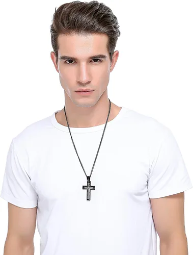 Vista 3 de LOYALLOOK Collar de acero inoxidable para hombre, 24 pulgadas, plata y tono negro con cruz colgante de oración del señor