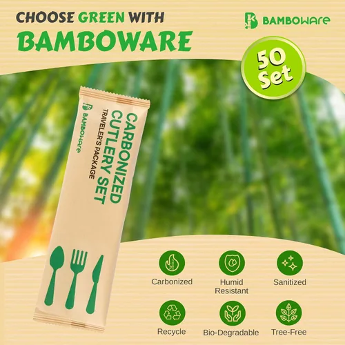 Vista 2 de Utensilios 100% de bambú – Cubiertos desechables carbonizados biodegradables y desinfectados – resistentes y totalmente funcionales