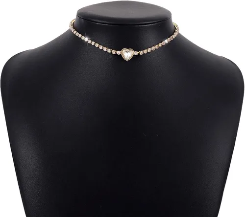 Vista 6 de Collar de corazón para mujer, gargantilla de diamantes de imitación, gargantilla de corazón brillante de oro, collar de circón, collar