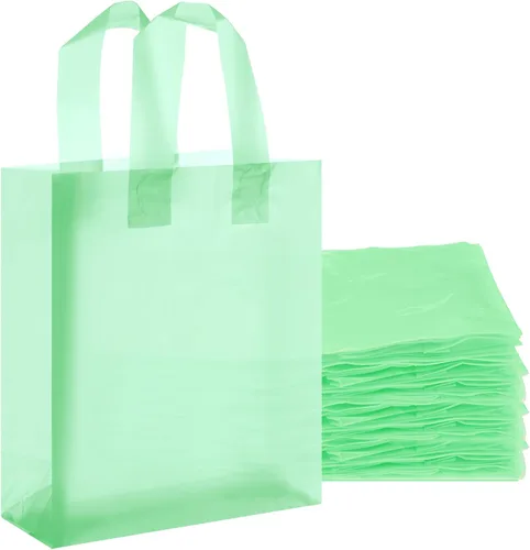 Vista 9 de Qilery Paquete de 100 bolsas de regalo de plástico esmerilado con asas, pequeñas bolsas de plástico de 8 x 4 x 10 pulgadas para pequeñas empresas